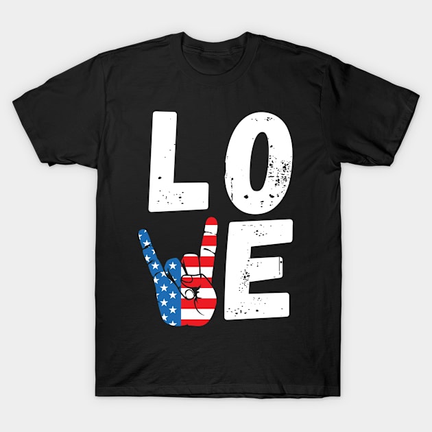 Love 4th Of July USA American Flag Peace Sign Hand Patriotic T-Shirt by Boneworkshop